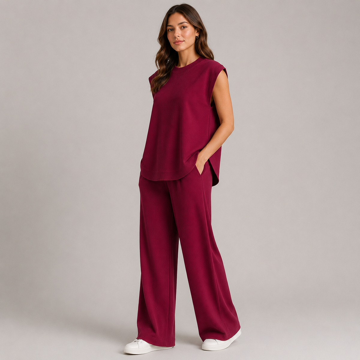Women’s Knitted 2 Piece Co-Ord Set Relaxed Fit Sleeveless Top & Matching Trousers Ladies Casual Summer Outfit Burgundy & Black