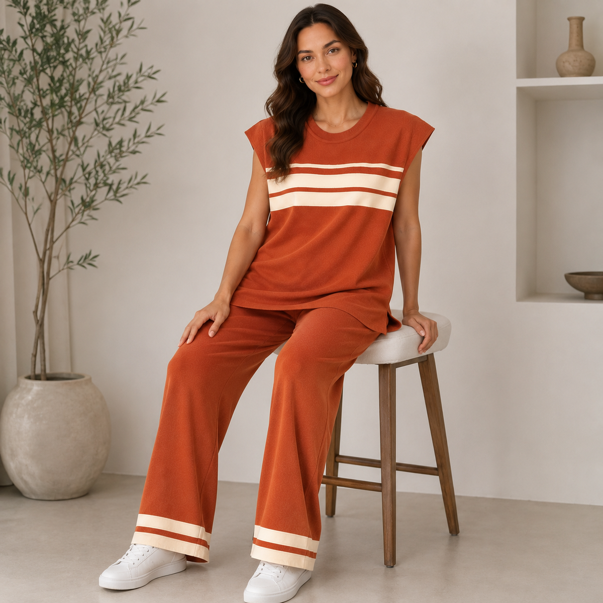Women’s Striped Knitted 2 Piece Co-Ord Set Relaxed Fit Top & Matching Trousers Casual Ladies Summer Outfit Black & Orange
