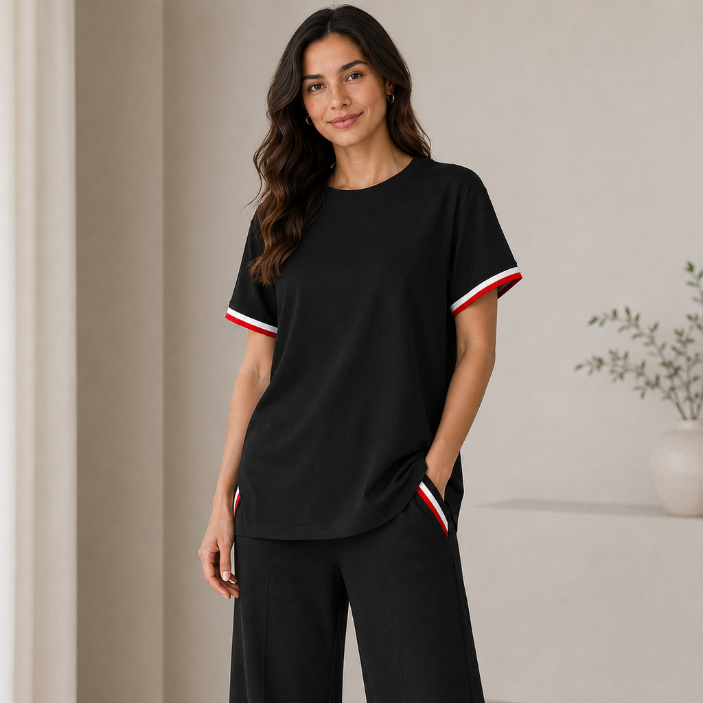 Women’s Black Knitted 2 Piece Co-Ord Set Patchwork Short Sleeve Top & Matching Bottoms Casual Ladies Everyday Outfit