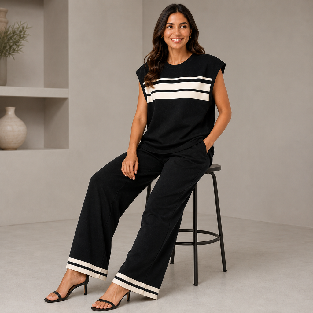 Women’s Striped Knitted 2 Piece Co-Ord Set Relaxed Fit Top & Matching Trousers Casual Ladies Summer Outfit Black & Orange