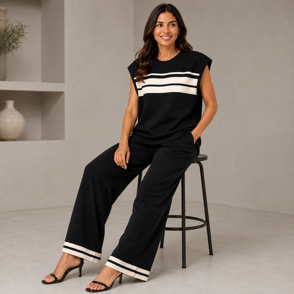 Women’s Striped Knitted 2 Piece Co-Ord Set Relaxed Fit Top & Matching Trousers Casual Ladies Summer Outfit Black & Orange