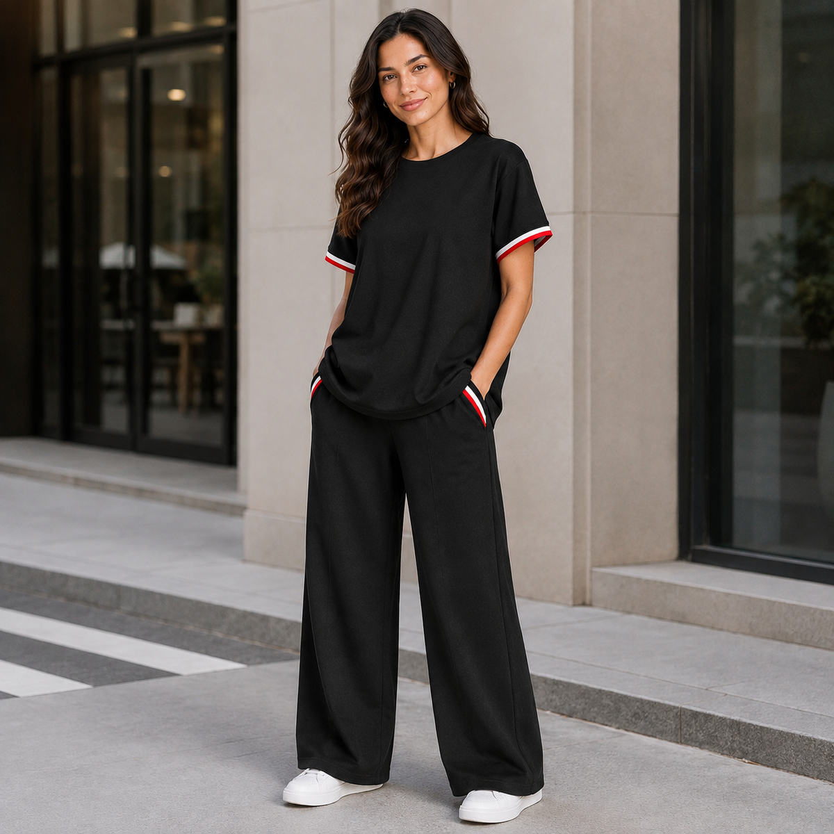 Women’s Black Knitted 2 Piece Co-Ord Set Patchwork Short Sleeve Top & Matching Bottoms Casual Ladies Everyday Outfit