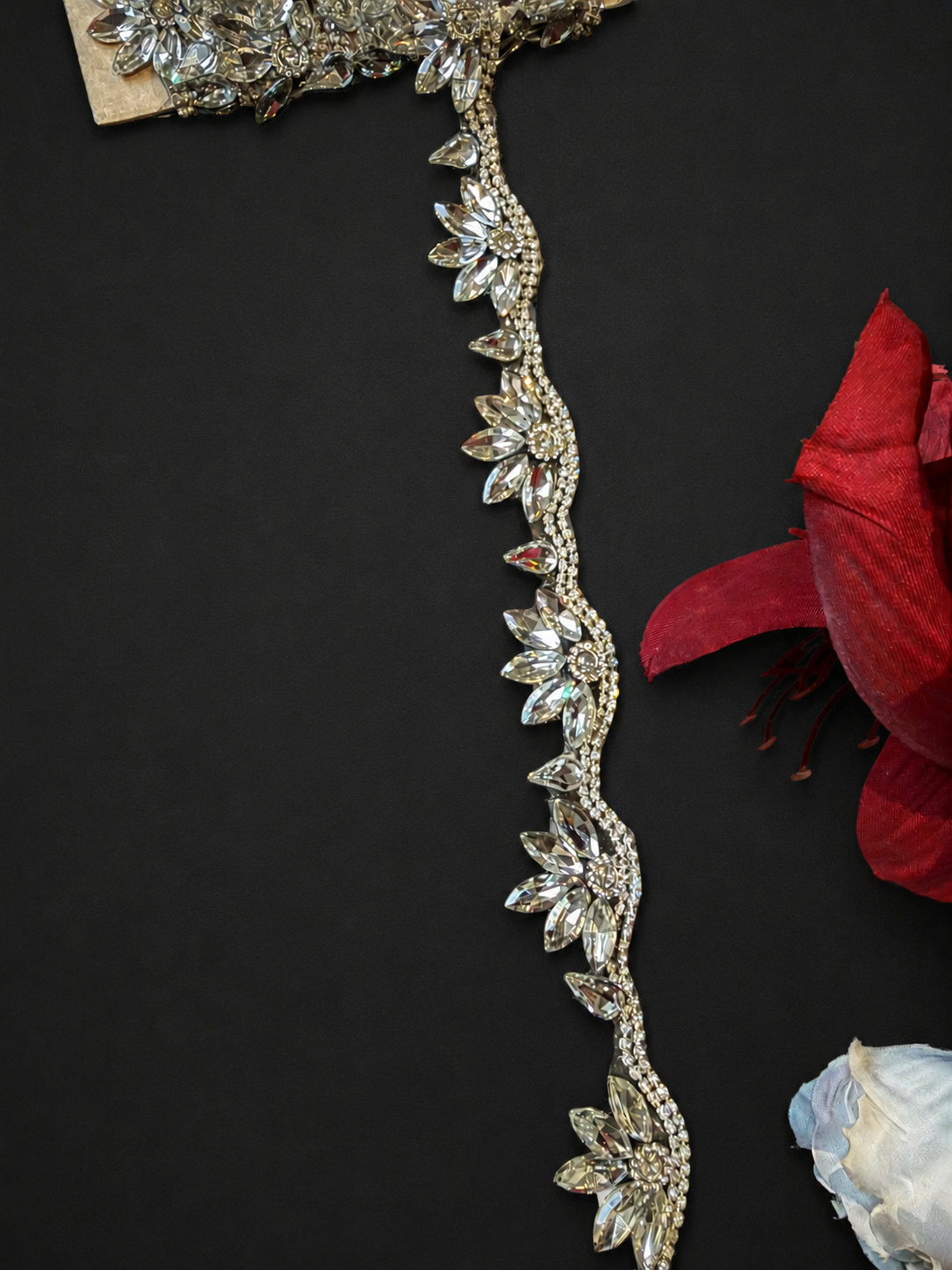 Iron On Floral Crystal Rhinestone Trim – Marquise Diamante Bridal Lace Applique Border for Wedding Dress, 2cm x 1 Yard