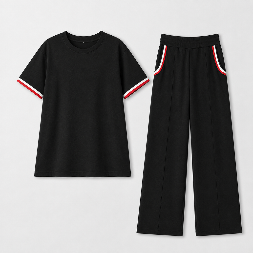 Women’s Black Knitted 2 Piece Co-Ord Set Patchwork Short Sleeve Top & Matching Bottoms Casual Ladies Everyday Outfit
