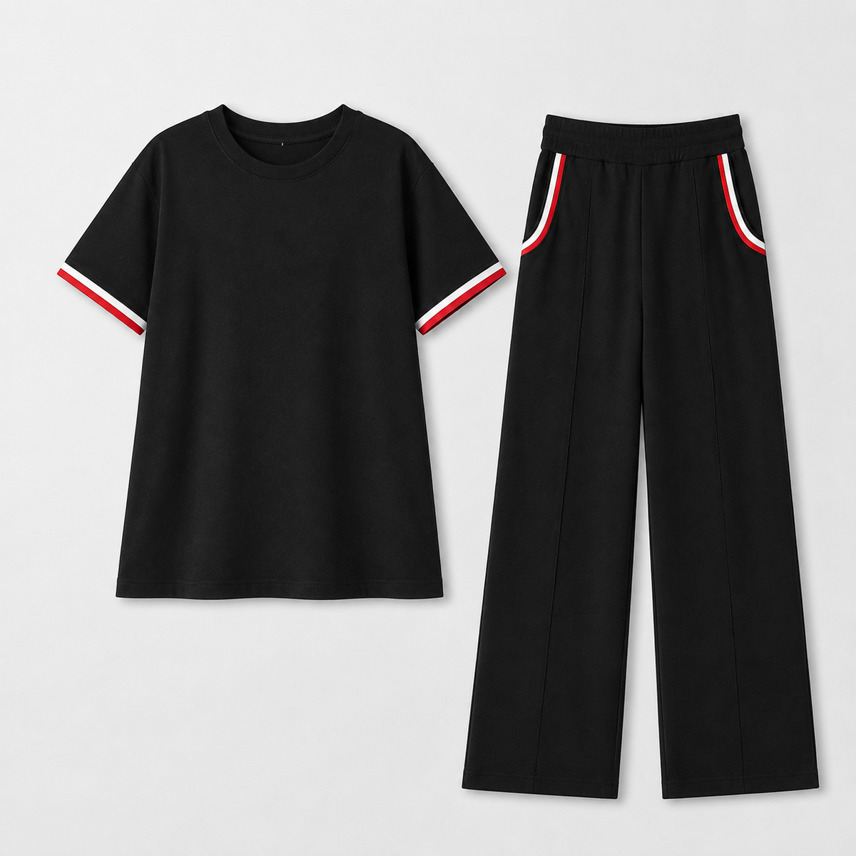 Women’s Black Knitted 2 Piece Co-Ord Set Patchwork Short Sleeve Top & Matching Bottoms Casual Ladies Everyday Outfit