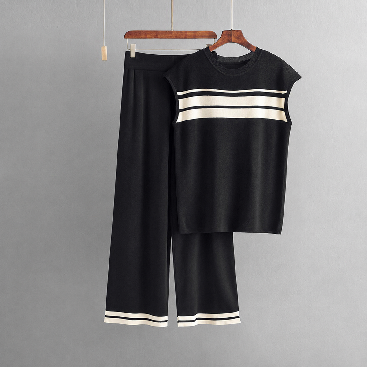Women’s Striped Knitted 2 Piece Co-Ord Set Relaxed Fit Top & Matching Trousers Casual Ladies Summer Outfit Black & Orange