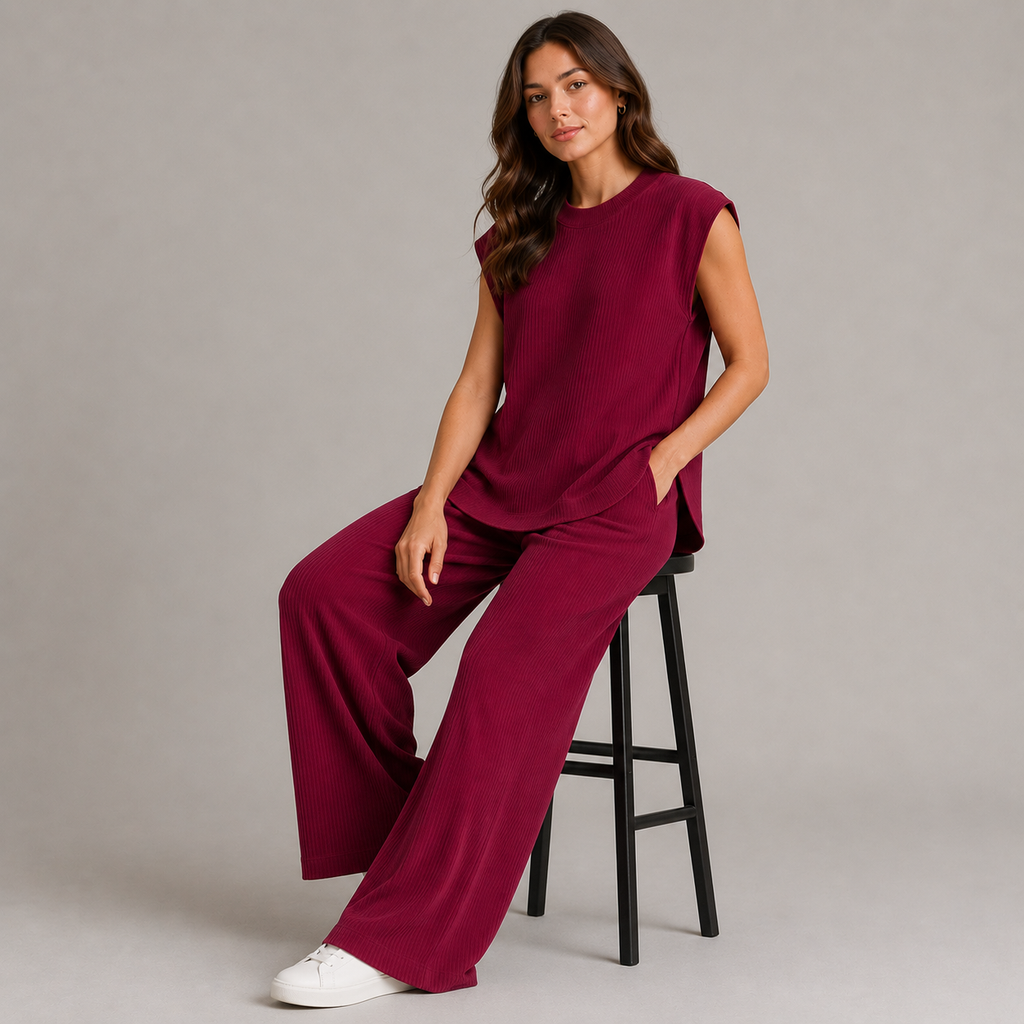 Women’s Knitted 2 Piece Co-Ord Set Relaxed Fit Sleeveless Top & Matching Trousers Ladies Casual Summer Outfit Burgundy & Black