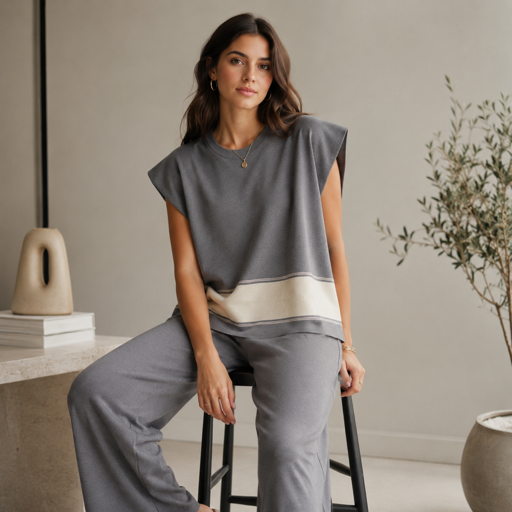 Women’s Knitted 2 Piece Co-Ord Set Colour Block Short Sleeve Crew Neck Top & Loose Fit Trousers Casual Matching Summer Outfit