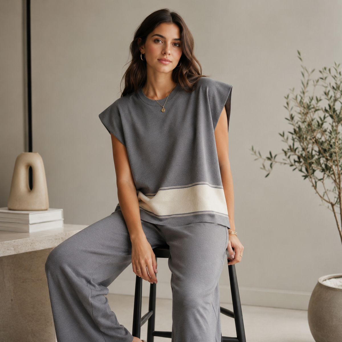 Women’s Knitted 2 Piece Co-Ord Set Colour Block Short Sleeve Crew Neck Top & Loose Fit Trousers Casual Matching Summer Outfit
