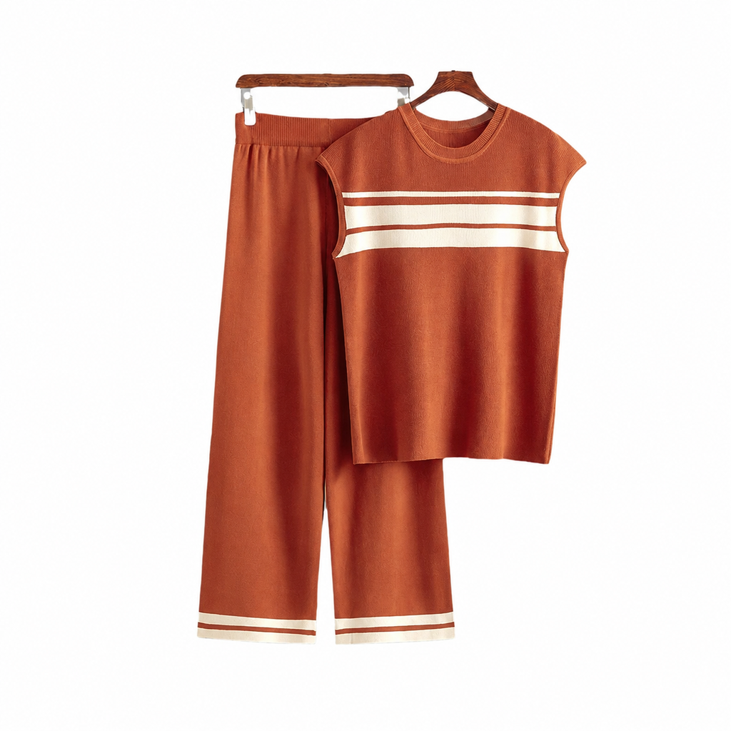 Women’s Striped Knitted 2 Piece Co-Ord Set Relaxed Fit Top & Matching Trousers Casual Ladies Summer Outfit Black & Orange