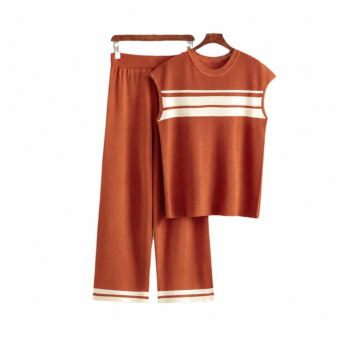 Women’s Striped Knitted 2 Piece Co-Ord Set Relaxed Fit Top & Matching Trousers Casual Ladies Summer Outfit Black & Orange