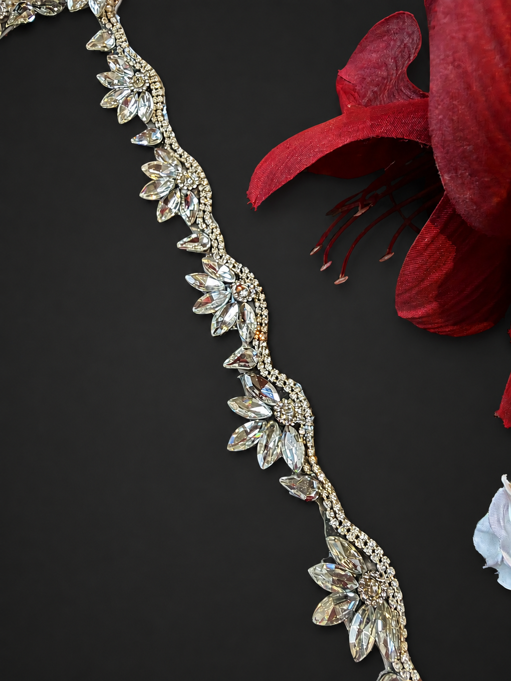 Iron On Floral Crystal Rhinestone Trim – Marquise Diamante Bridal Lace Applique Border for Wedding Dress, 2cm x 1 Yard