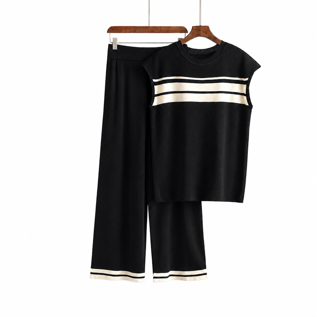 Women’s Striped Knitted 2 Piece Co-Ord Set Relaxed Fit Top & Matching Trousers Casual Ladies Summer Outfit Black & Orange