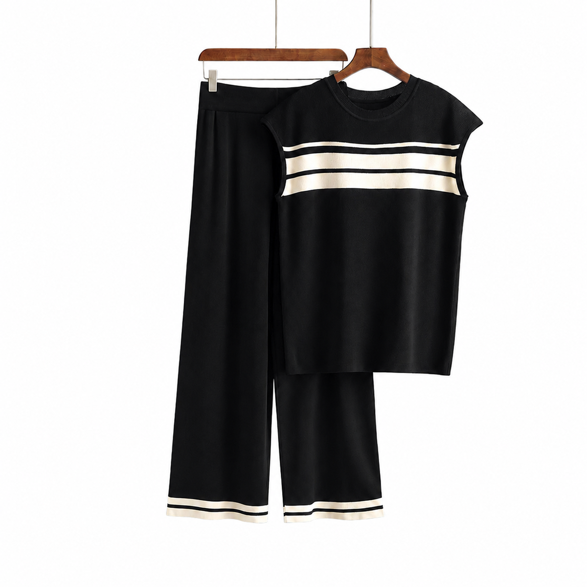 Women’s Striped Knitted 2 Piece Co-Ord Set Relaxed Fit Top & Matching Trousers Casual Ladies Summer Outfit Black & Orange