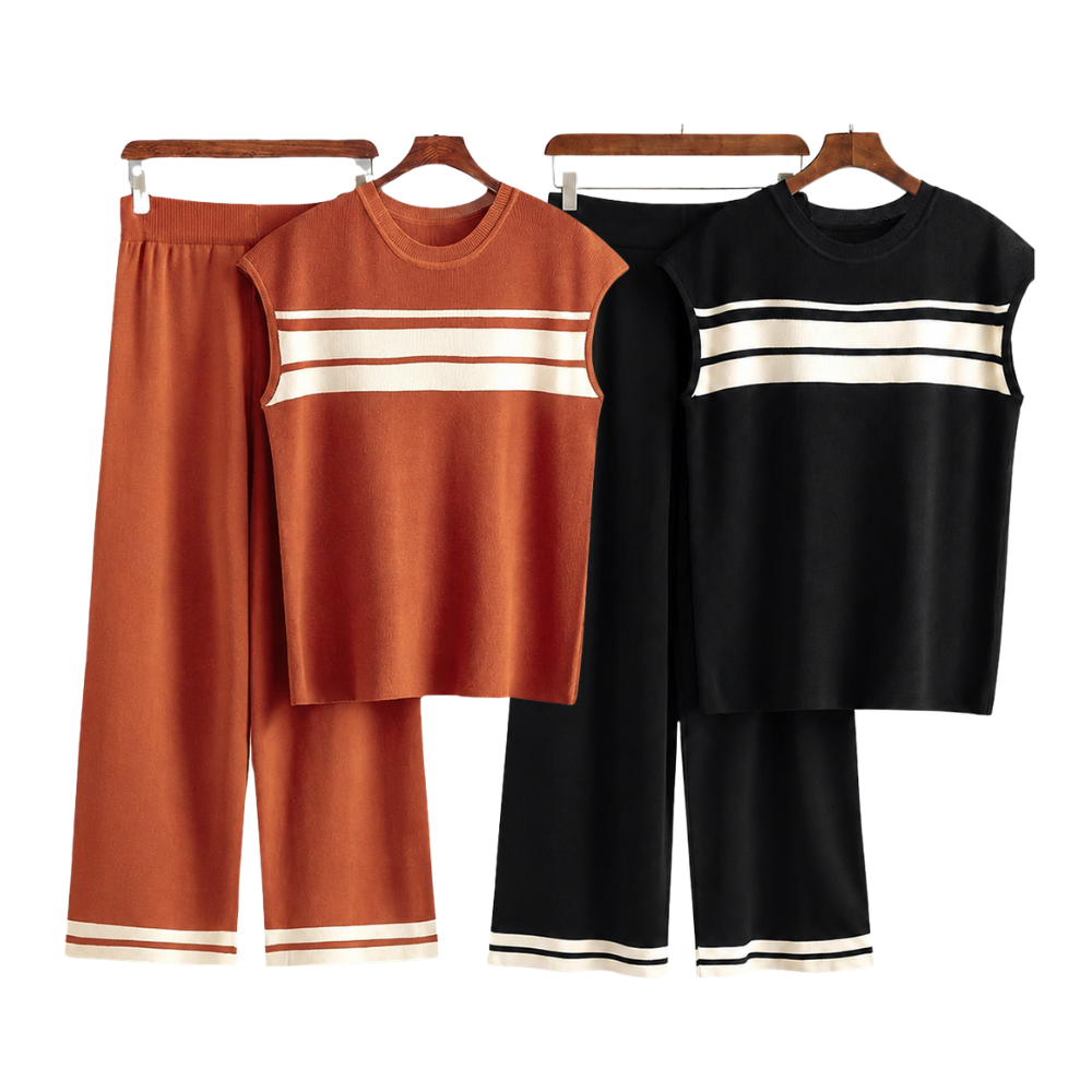 Women’s Striped Knitted 2 Piece Co-Ord Set Relaxed Fit Top & Matching Trousers Casual Ladies Summer Outfit Black & Orange