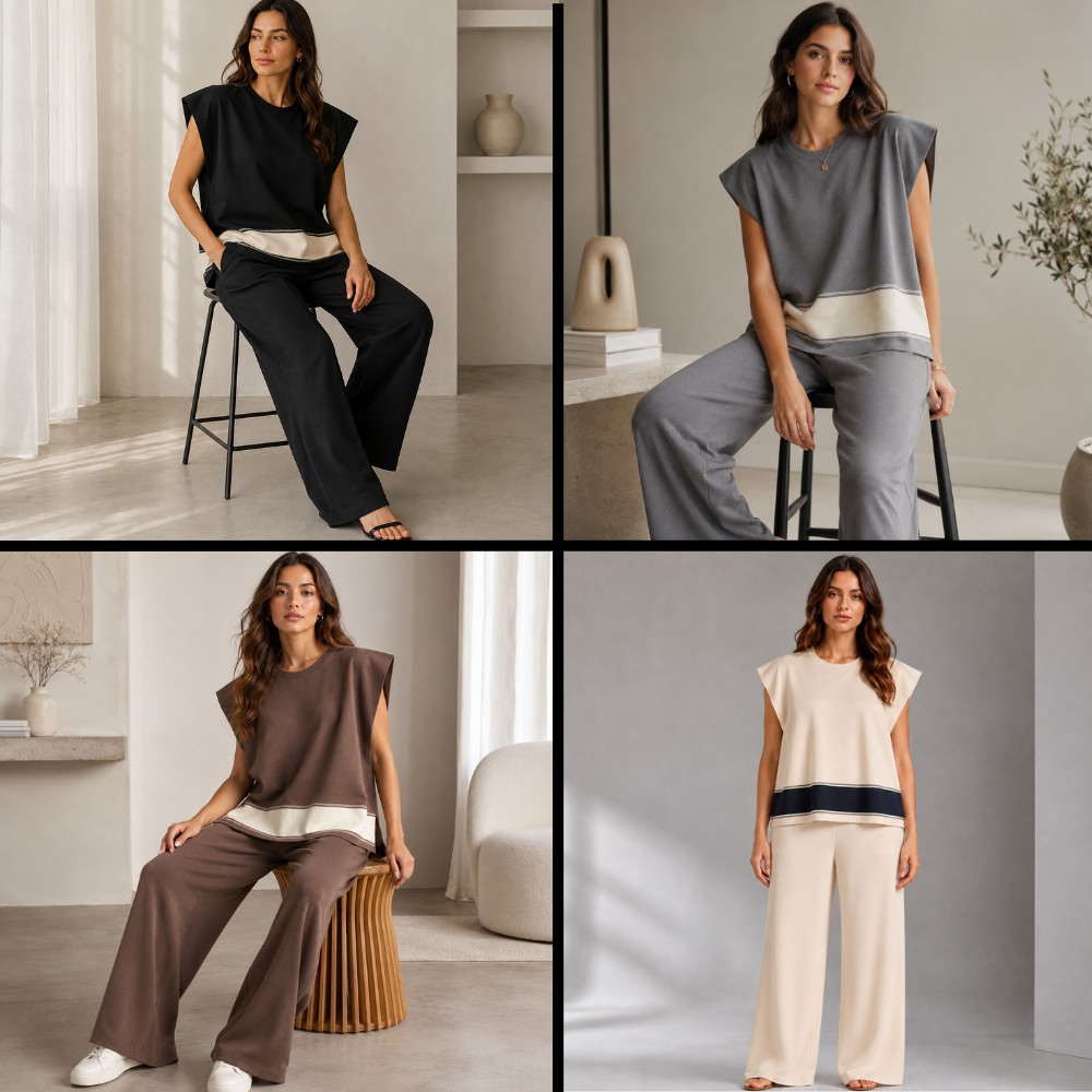 Women’s Knitted 2 Piece Co-Ord Set Colour Block Short Sleeve Crew Neck Top & Loose Fit Trousers Casual Matching Summer Outfit