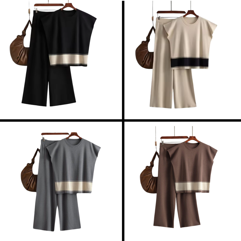 Women’s Knitted 2 Piece Co-Ord Set Colour Block Short Sleeve Crew Neck Top & Loose Fit Trousers Casual Matching Summer Outfit