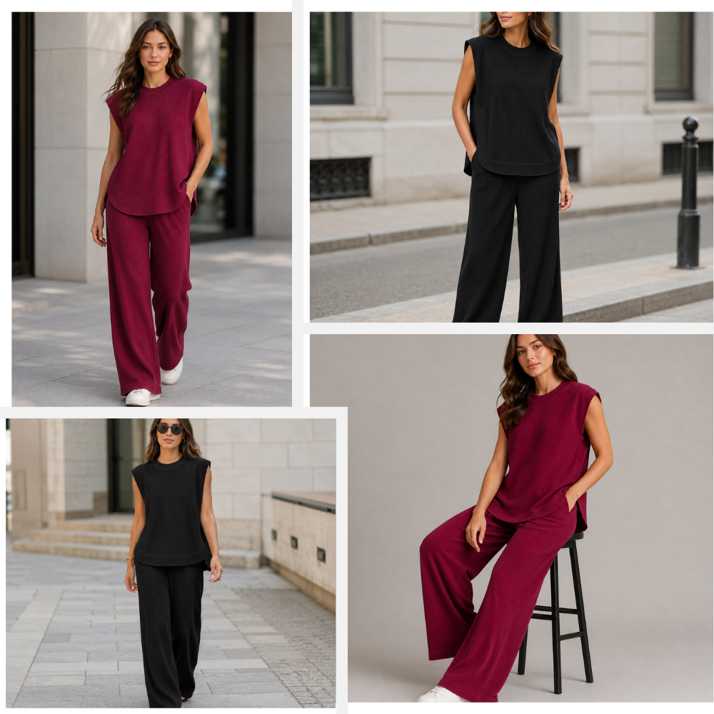 Women’s Knitted 2 Piece Co-Ord Set Relaxed Fit Sleeveless Top & Matching Trousers Ladies Casual Summer Outfit Burgundy & Black