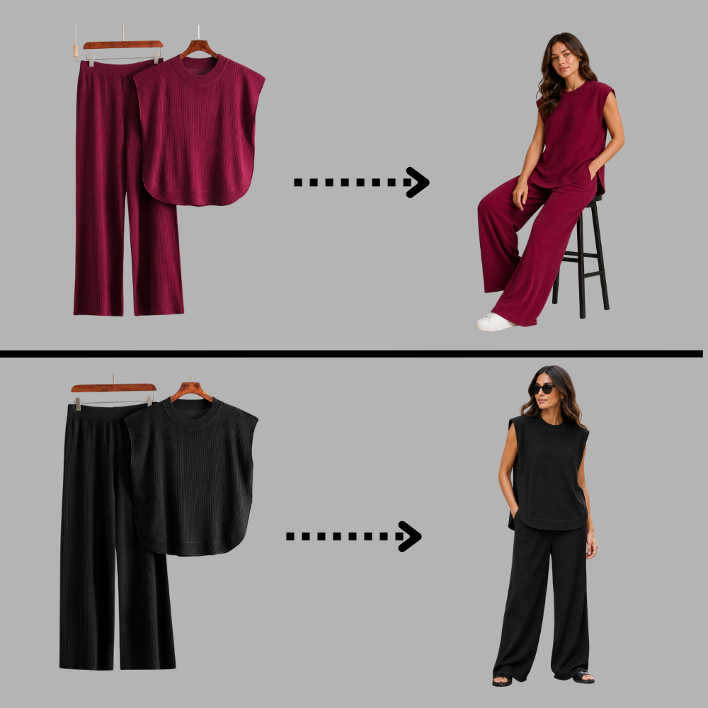 Women’s Knitted 2 Piece Co-Ord Set Relaxed Fit Sleeveless Top & Matching Trousers Ladies Casual Summer Outfit Burgundy & Black