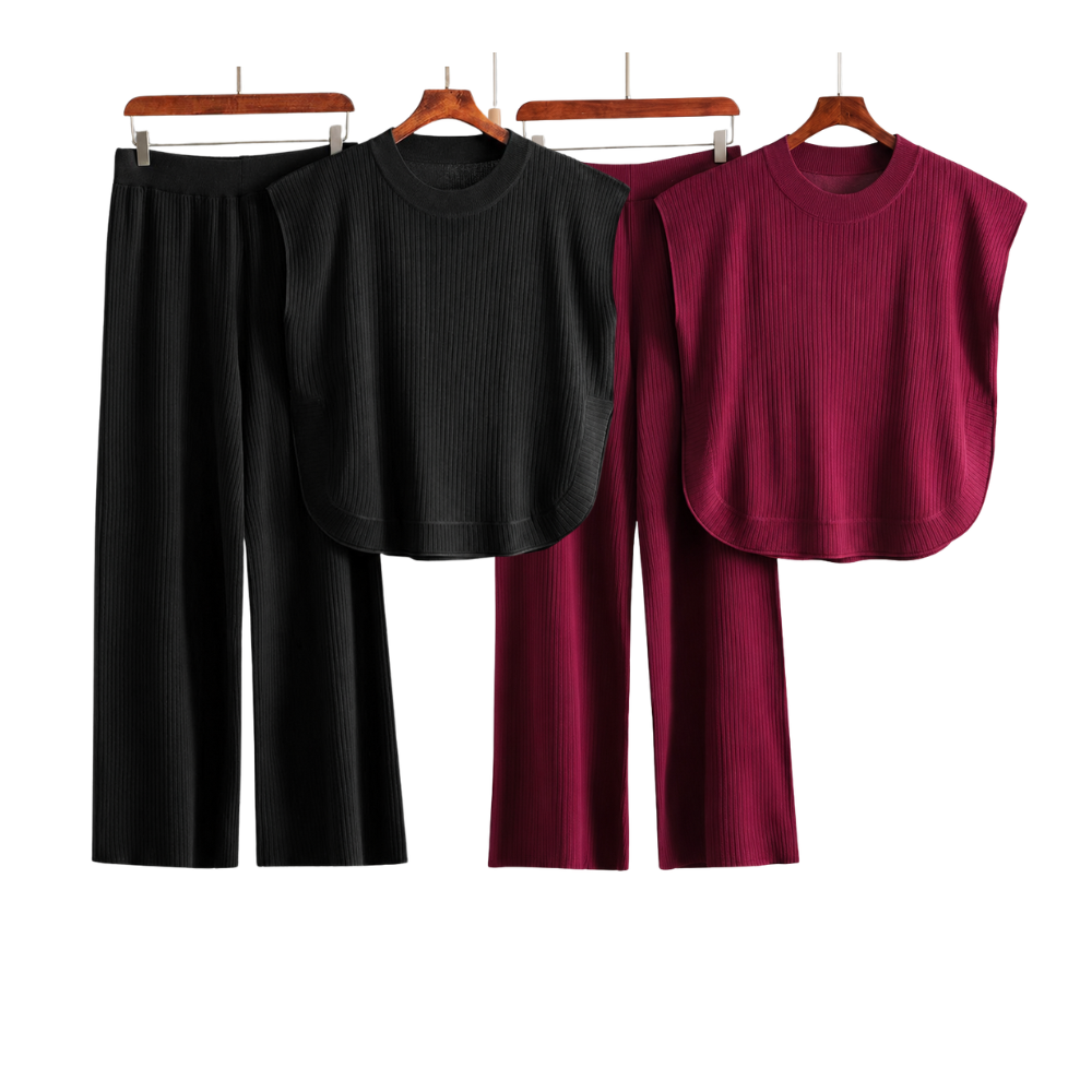 Women’s Knitted 2 Piece Co-Ord Set Relaxed Fit Sleeveless Top & Matching Trousers Ladies Casual Summer Outfit Burgundy & Black