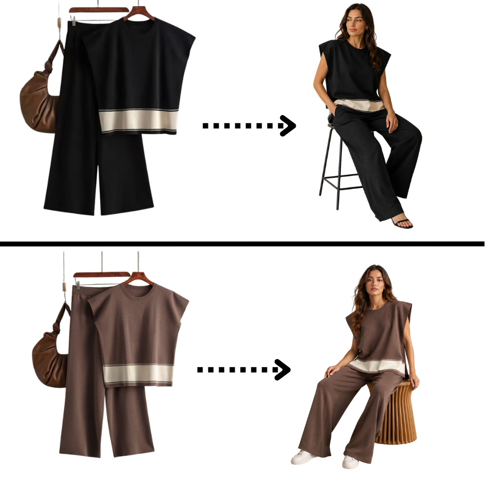 Women’s Knitted 2 Piece Co-Ord Set Colour Block Short Sleeve Crew Neck Top & Loose Fit Trousers Casual Matching Summer Outfit
