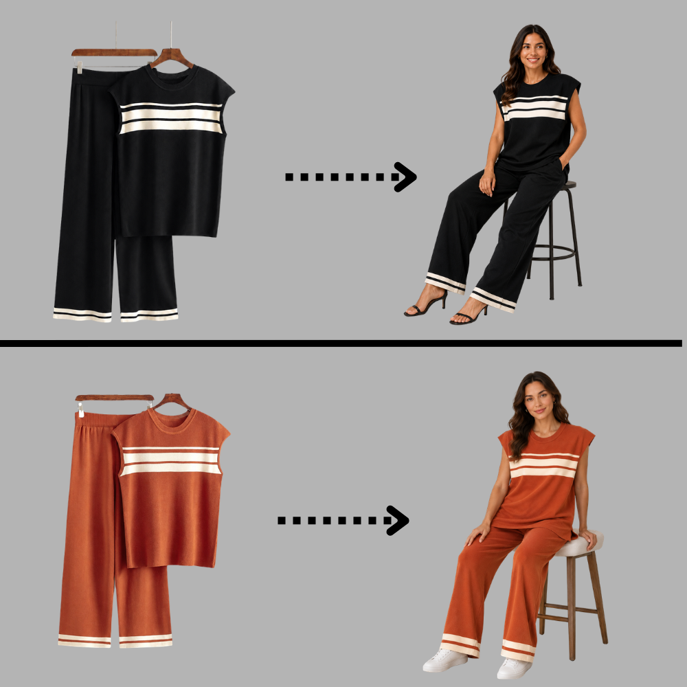 Women’s Striped Knitted 2 Piece Co-Ord Set Relaxed Fit Top & Matching Trousers Casual Ladies Summer Outfit Black & Orange