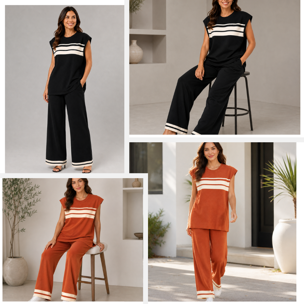 Women’s Striped Knitted 2 Piece Co-Ord Set Relaxed Fit Top & Matching Trousers Casual Ladies Summer Outfit Black & Orange
