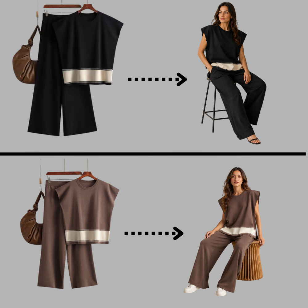 Women’s Knitted 2 Piece Co-Ord Set Colour Block Short Sleeve Crew Neck Top & Loose Fit Trousers Casual Matching Summer Outfit