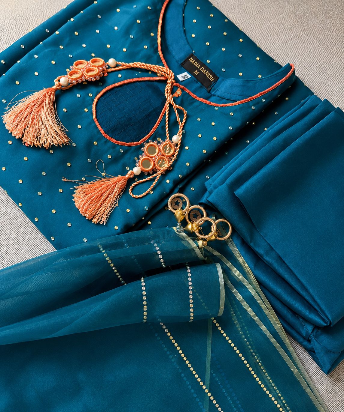Luxury Diamanté Embellished Teal Turquoise Organza 3 Piece Suit with Tassel Neckline & Attached Inner Lining for Women Party Wear & Eid Collection