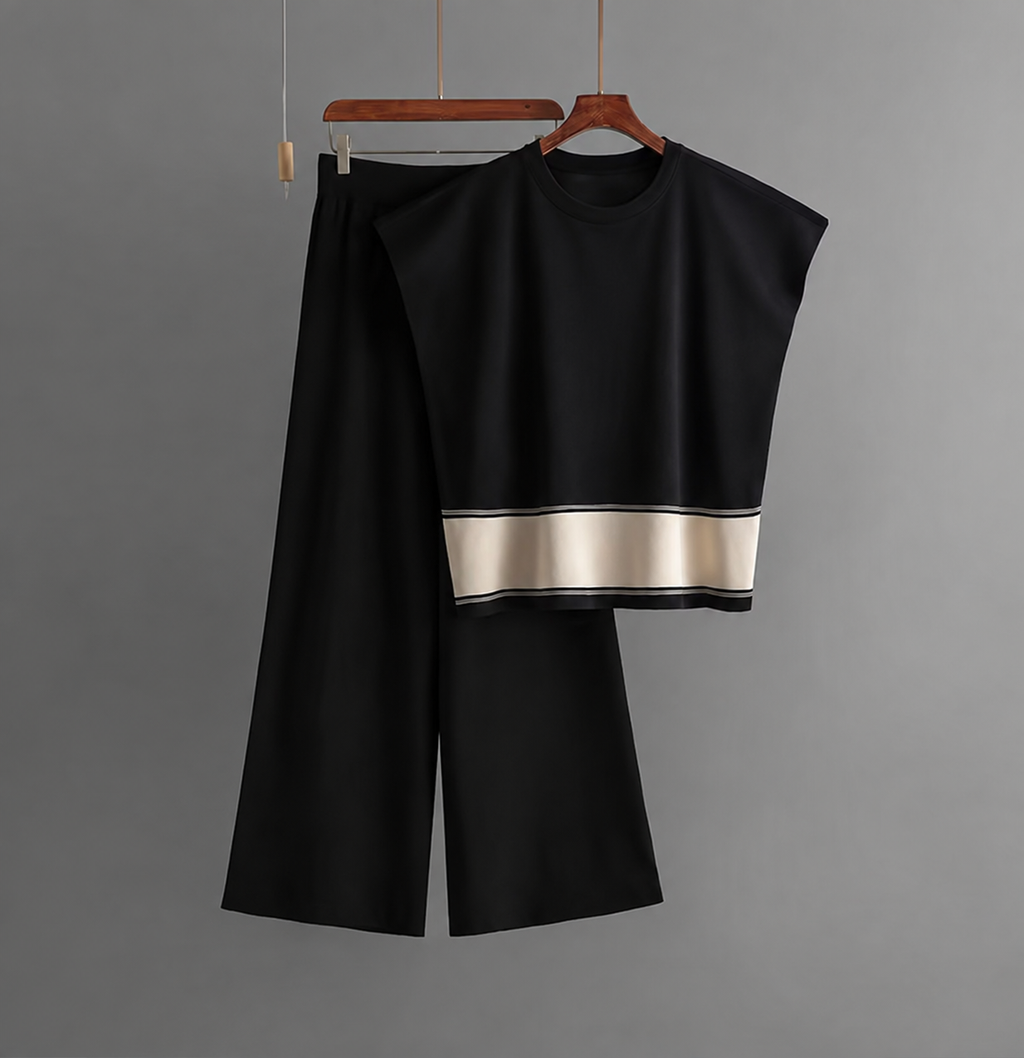 Women’s Knitted 2 Piece Co-Ord Set Colour Block Short Sleeve Crew Neck Top & Loose Fit Trousers Casual Matching Summer Outfit