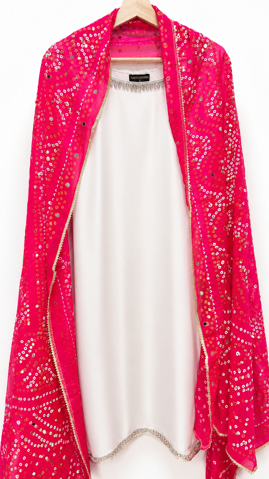 Women’s White Silk Suit Hot Pink Bandhani Dupatta 3PC Festive Eid Wear