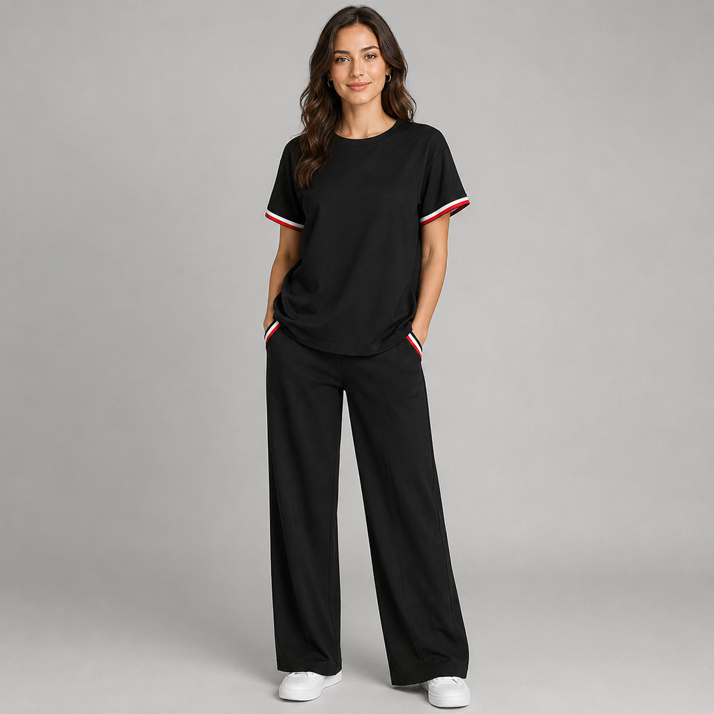 Women’s Black Knitted 2 Piece Co-Ord Set Patchwork Short Sleeve Top & Matching Bottoms Casual Ladies Everyday Outfit