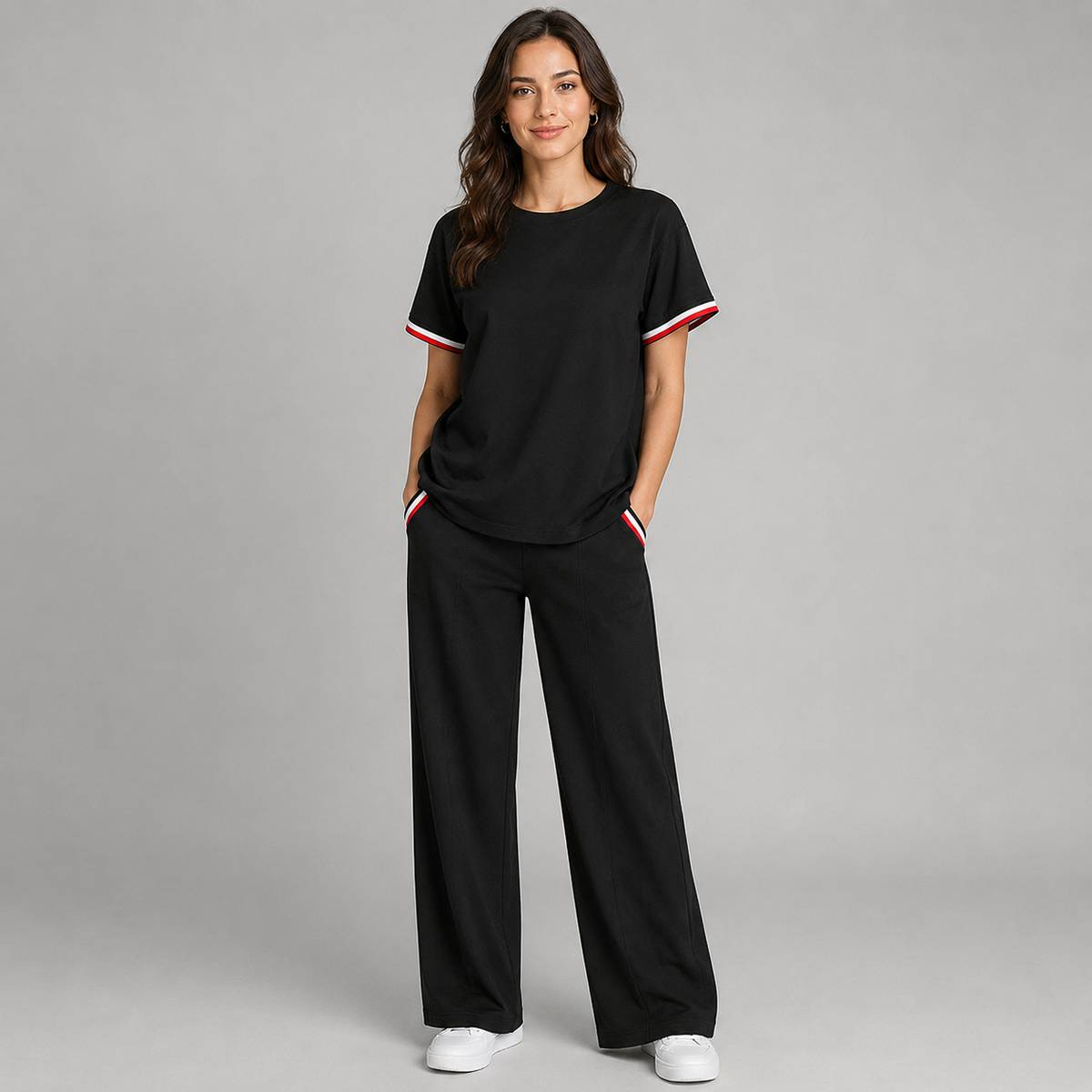 Women’s Black Knitted 2 Piece Co-Ord Set Patchwork Short Sleeve Top & Matching Bottoms Casual Ladies Everyday Outfit