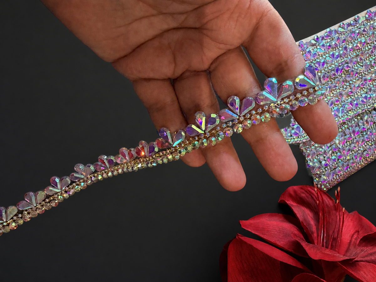 Iron On Crystal Rhinestone Trim – Teardrop Diamante Bridal Lace Applique Border for Wedding Dress, 2cm x 1 Yard