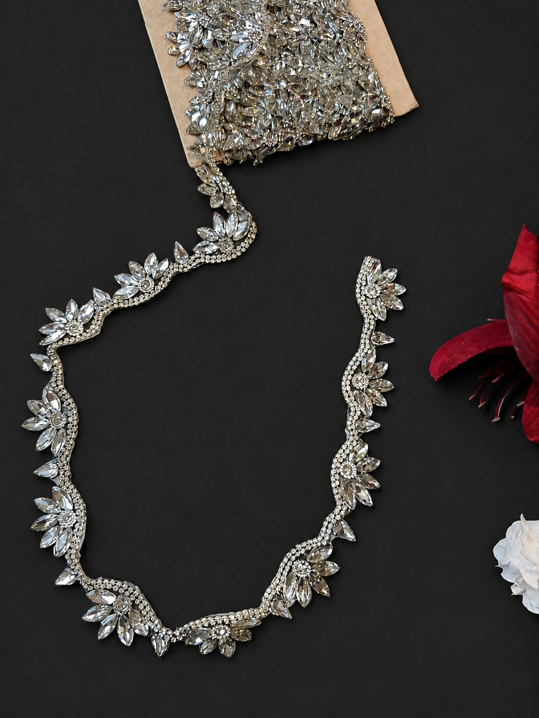 Iron On Floral Crystal Rhinestone Trim – Marquise Diamante Bridal Lace Applique Border for Wedding Dress, 2cm x 1 Yard