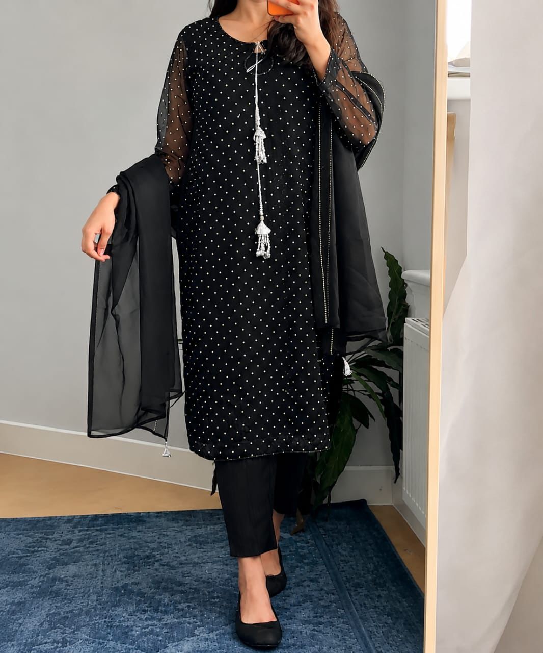 Luxury Diamanté Embellished Black Organza 3 Piece Suit with Tassel Neckline & Attached Inner Lining for Women Party Wear & Eid Collection