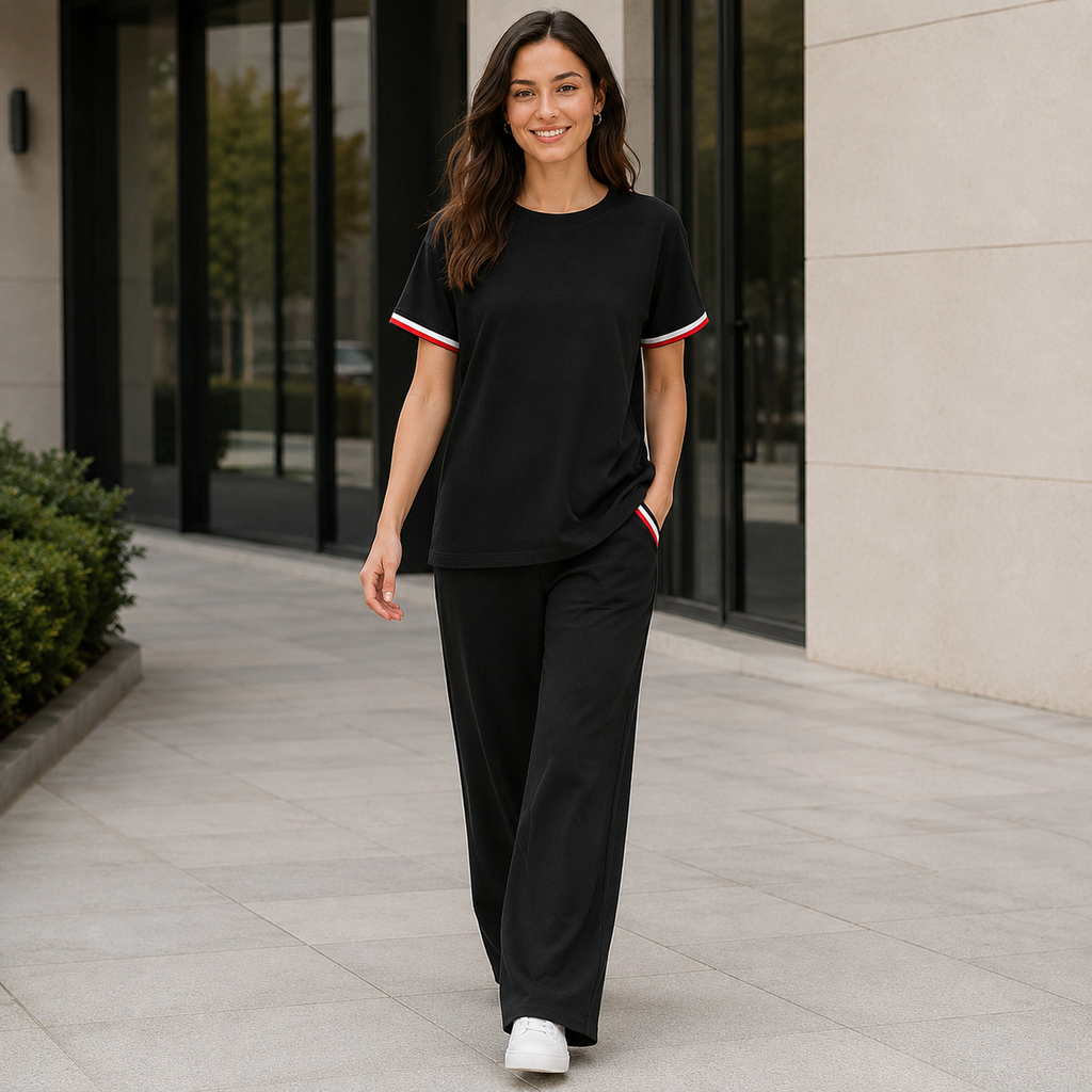 Women’s Black Knitted 2 Piece Co-Ord Set Patchwork Short Sleeve Top & Matching Bottoms Casual Ladies Everyday Outfit