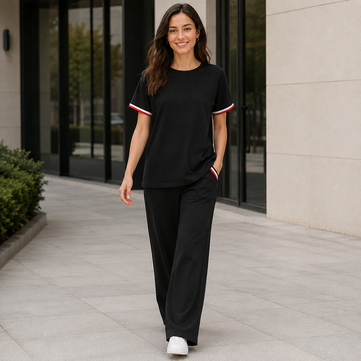 Women’s Black Knitted 2 Piece Co-Ord Set Patchwork Short Sleeve Top & Matching Bottoms Casual Ladies Everyday Outfit