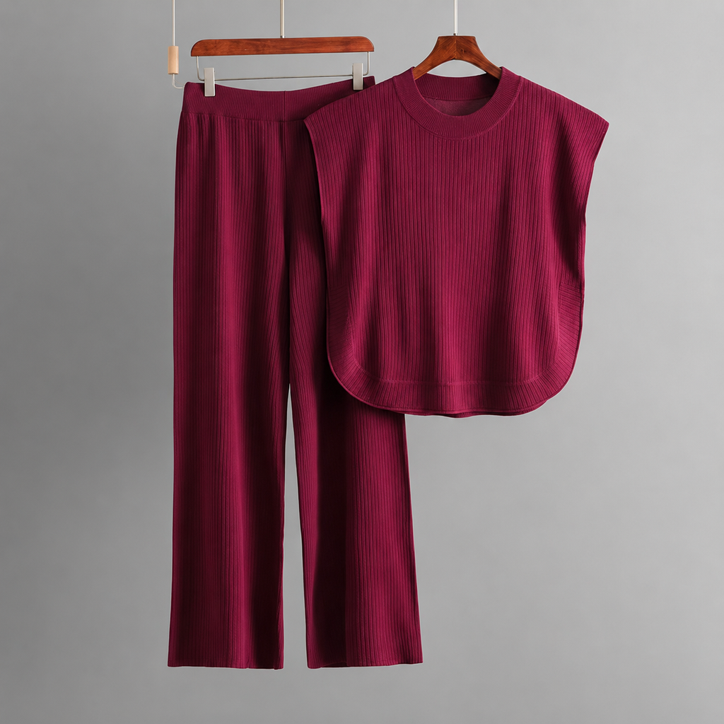 Women’s Knitted 2 Piece Co-Ord Set Relaxed Fit Sleeveless Top & Matching Trousers Ladies Casual Summer Outfit Burgundy & Black