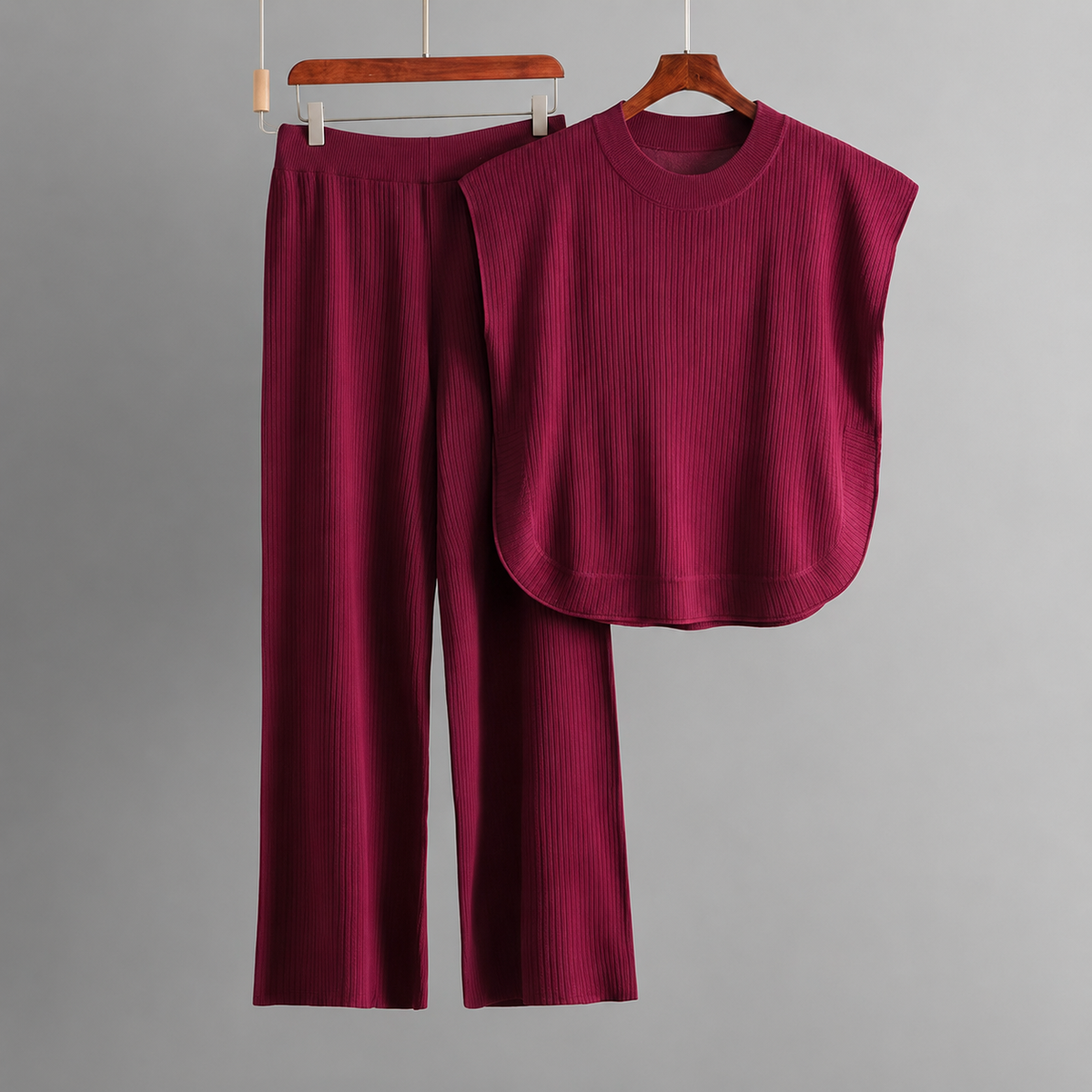 Women’s Knitted 2 Piece Co-Ord Set Relaxed Fit Sleeveless Top & Matching Trousers Ladies Casual Summer Outfit Burgundy & Black