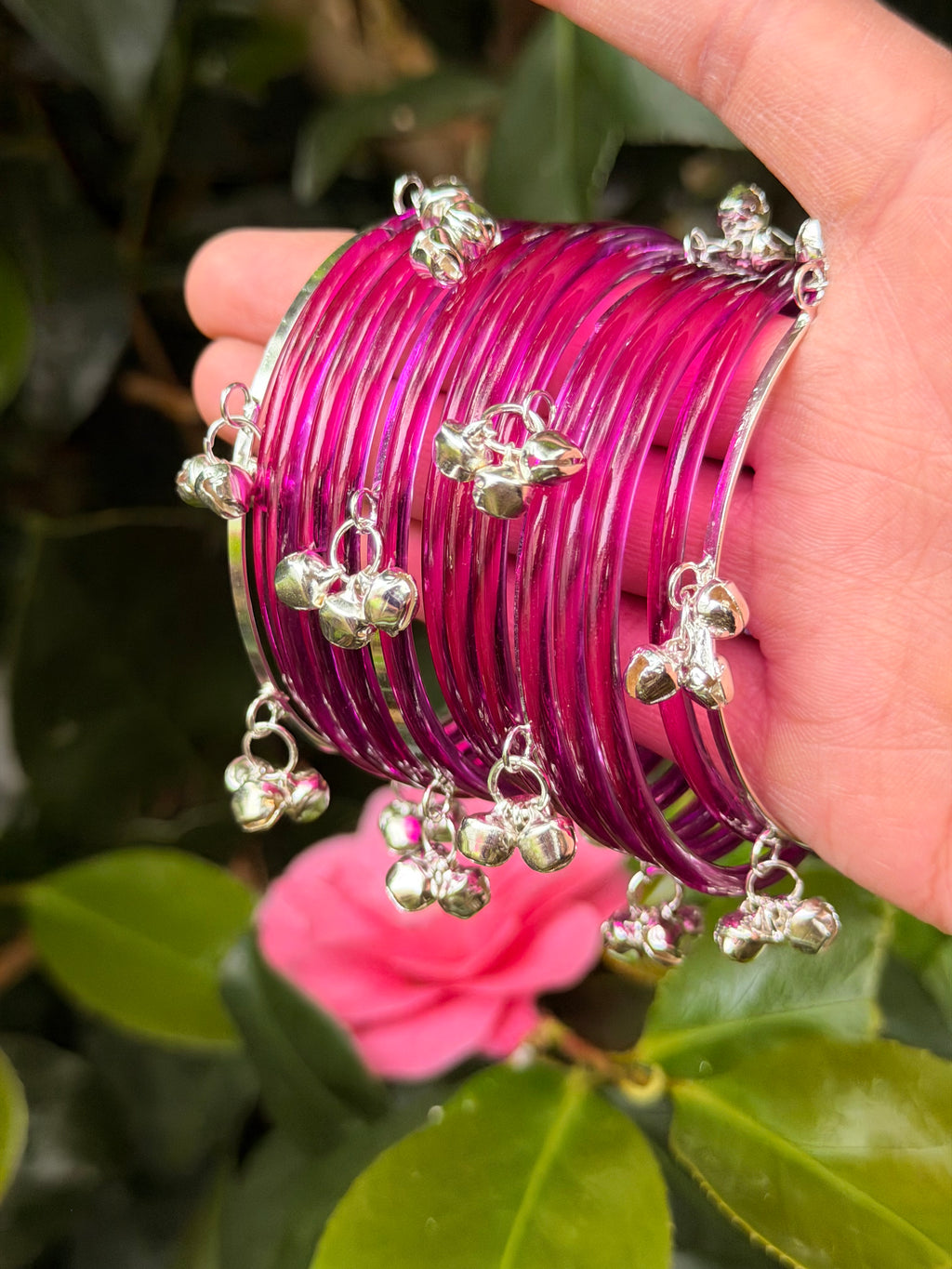 Neon Magenta Jelly Bangles - Paired with 4 Kashmiri Karas