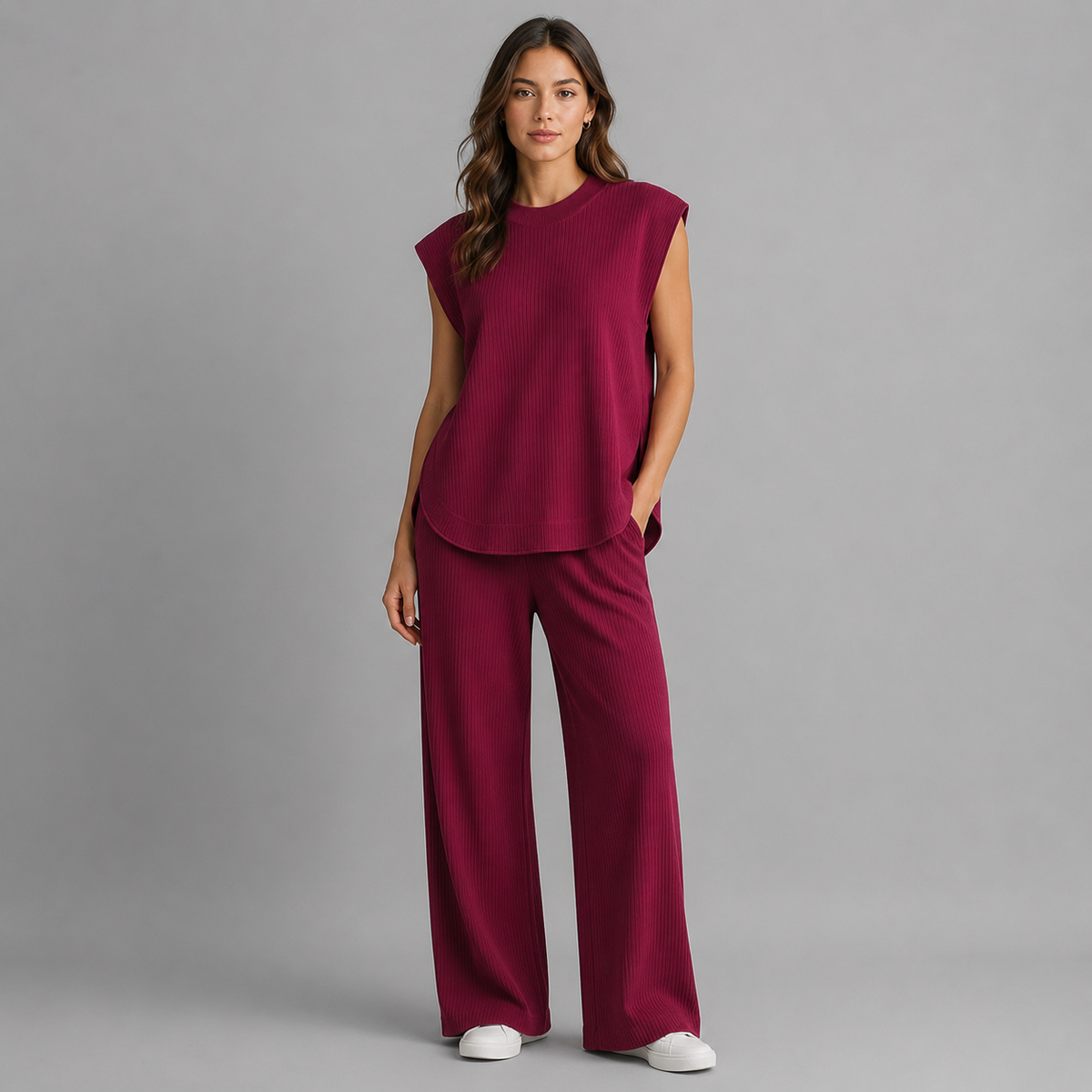 Women’s Knitted 2 Piece Co-Ord Set Relaxed Fit Sleeveless Top & Matching Trousers Ladies Casual Summer Outfit Burgundy & Black