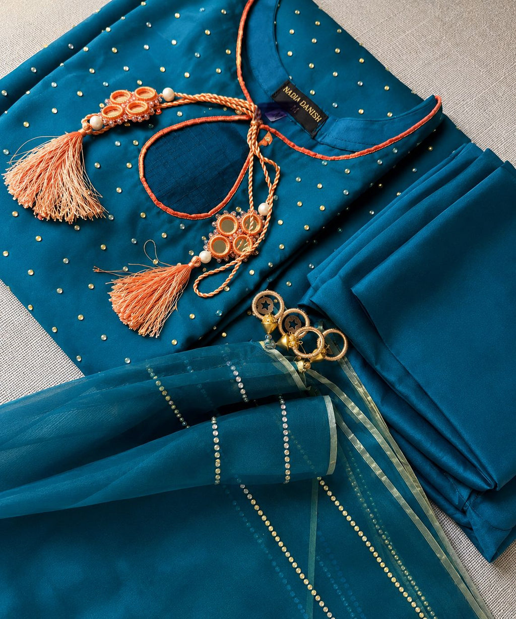 Luxury Diamanté Embellished Teal Turquoise Organza 3 Piece Suit with Tassel Neckline & Attached Inner Lining for Women Party Wear & Eid Collection