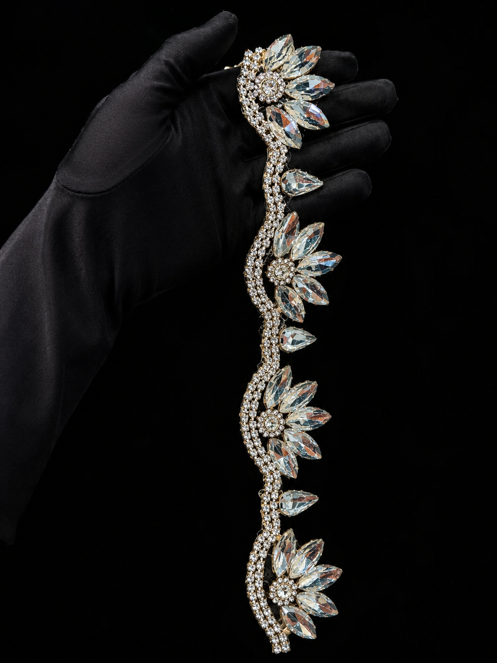 Iron On Floral Crystal Rhinestone Trim – Marquise Diamante Bridal Lace Applique Border for Wedding Dress, 2cm x 1 Yard