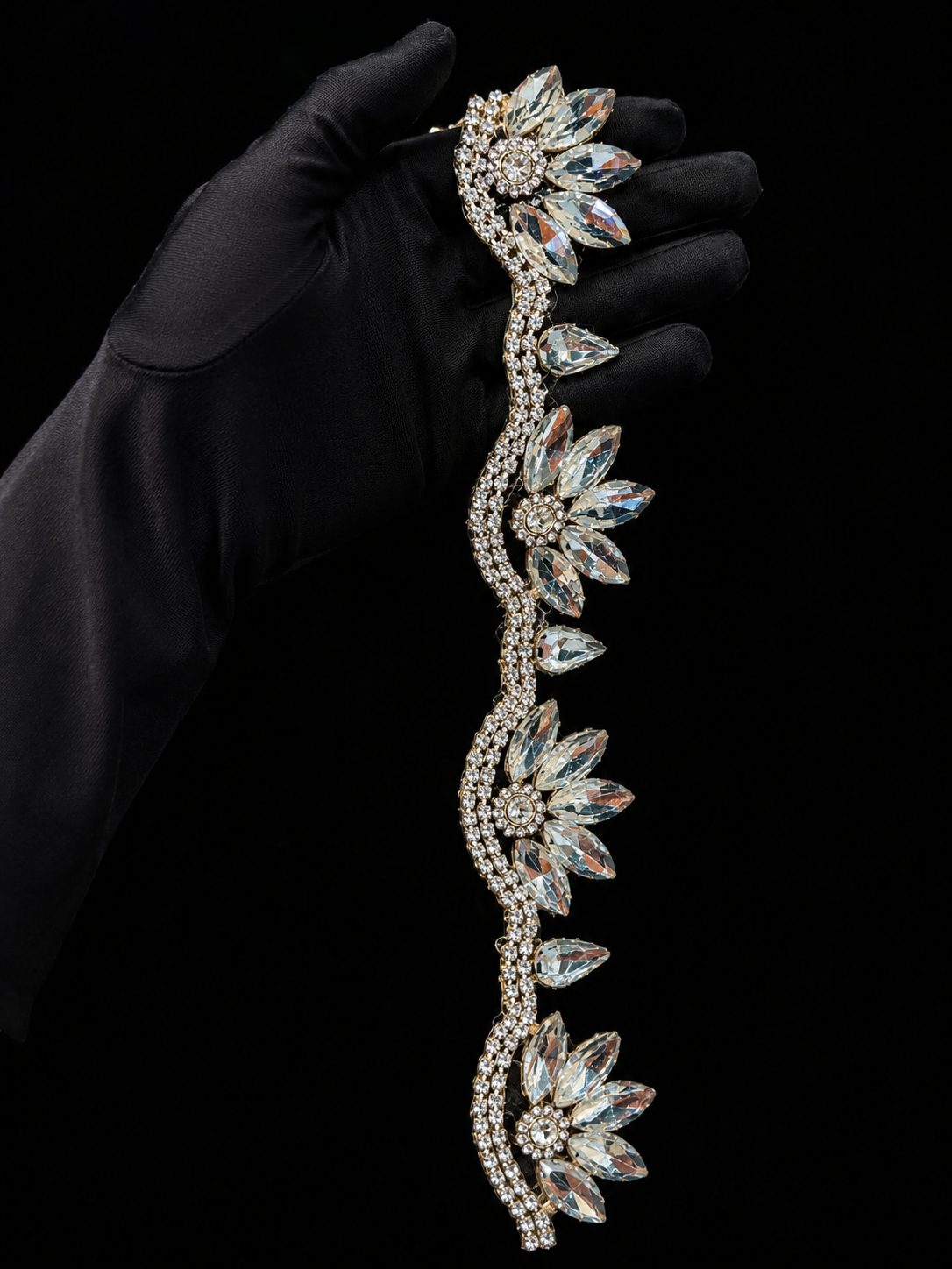 Iron On Floral Crystal Rhinestone Trim – Marquise Diamante Bridal Lace Applique Border for Wedding Dress, 2cm x 1 Yard