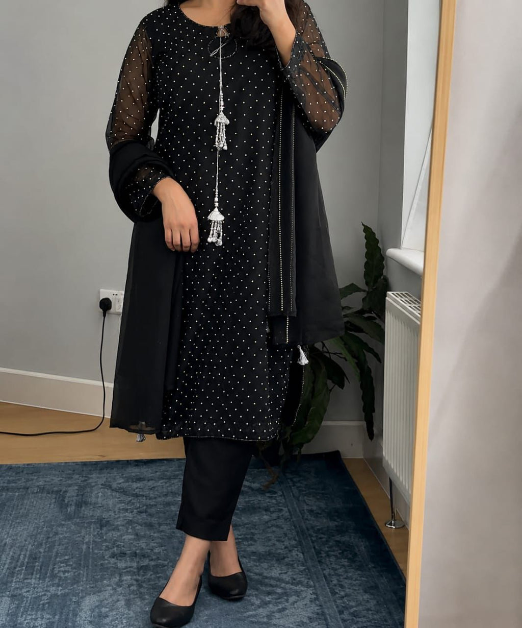 Luxury Diamanté Embellished Black Organza 3 Piece Suit with Tassel Neckline & Attached Inner Lining for Women Party Wear & Eid Collection