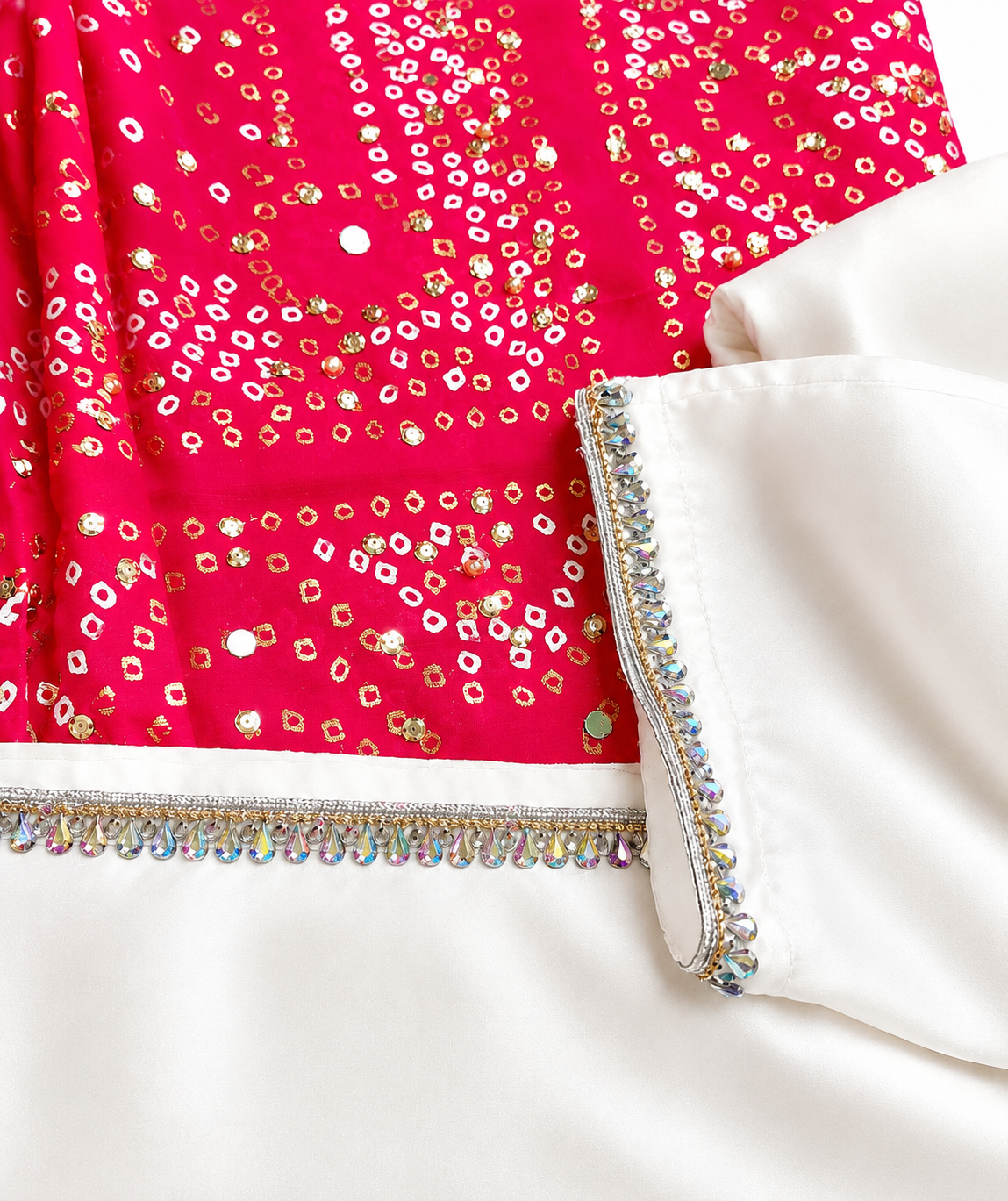 Women’s White Silk Suit Hot Pink Bandhani Dupatta 3PC Festive Eid Wear