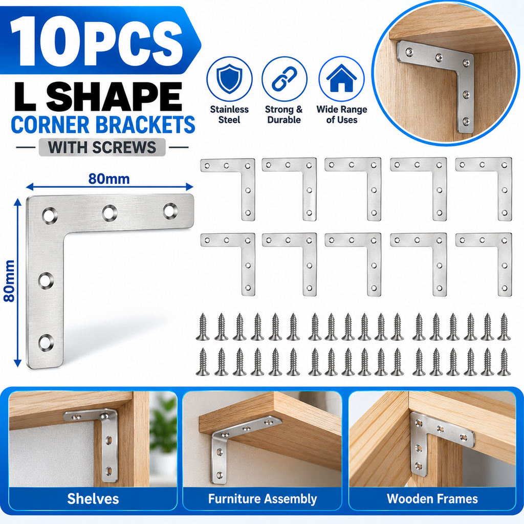 10PCS 80x80mm Stainless Steel L Shape Corner Brackets Flat Plates with Screws