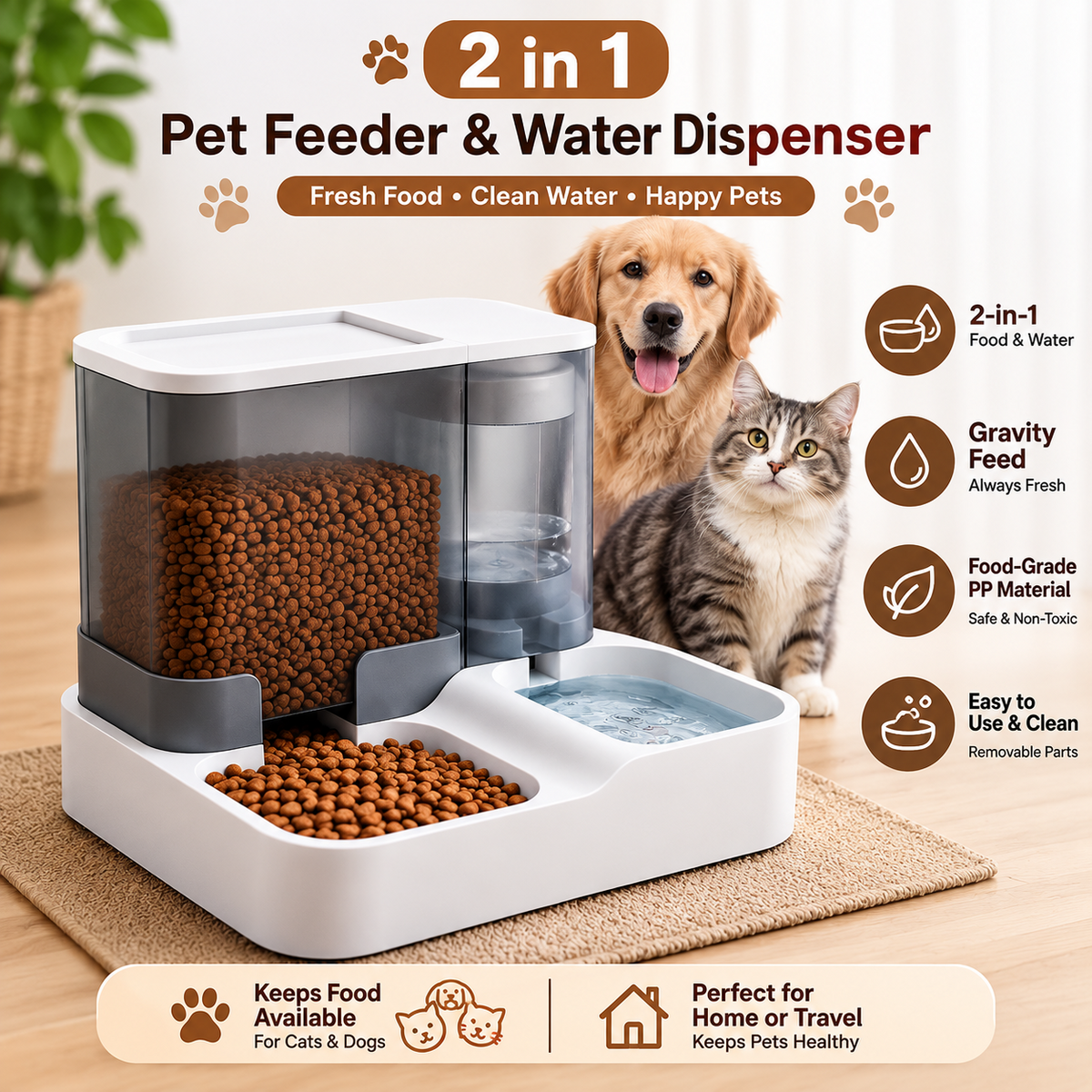 2 in 1 Automatic Pet Feeder & Water Dispenser Gravity Food Bowl for Cats Dogs