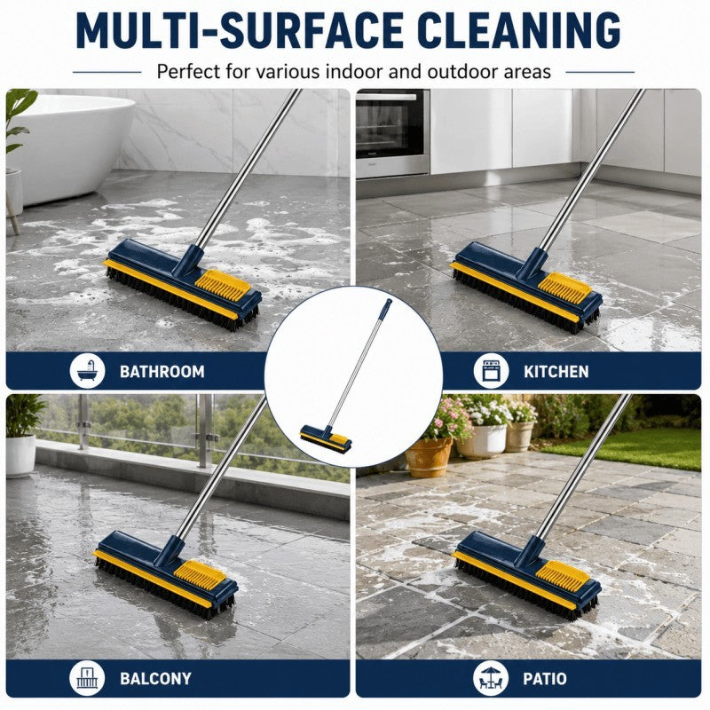 3 in 1 Floor Scrub Brush Long Handle Stiff Bristle Squeegee Hair Cleaning Comb